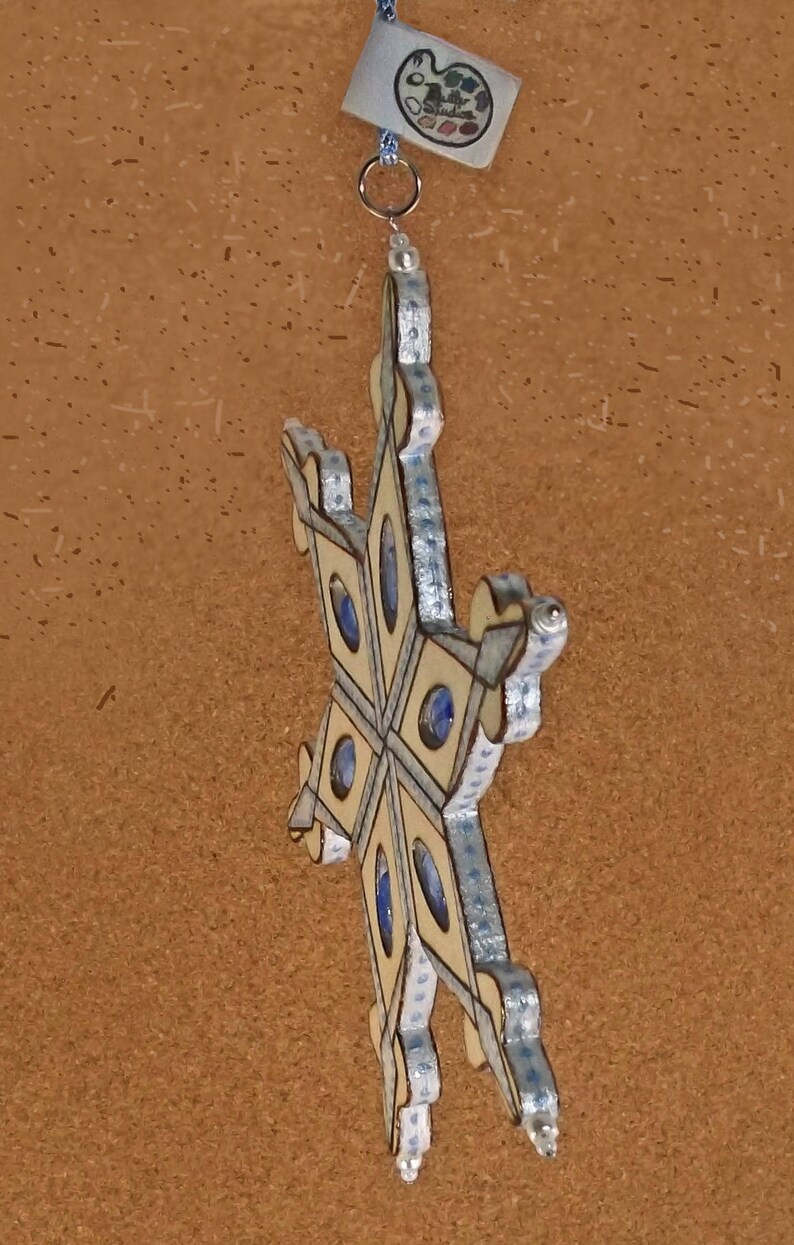 Holiday Beaded Snowflake Ornament3D Woodburned OrnamentLarge Blue /& White Xmas Tree OrnamentWinter SolisticeOne of a KindHandmade in CO