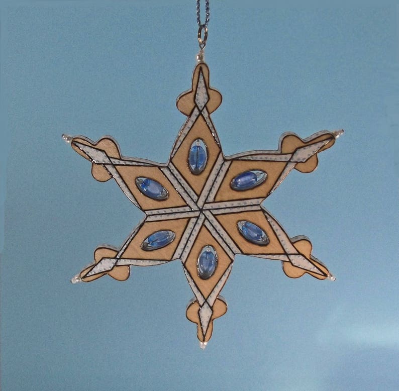 Holiday Beaded Snowflake Ornament3D Woodburned OrnamentLarge Blue /& White Xmas Tree OrnamentWinter SolisticeOne of a KindHandmade in CO