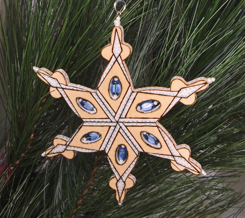 Holiday Beaded Snowflake Ornament3D Woodburned OrnamentLarge Blue /& White Xmas Tree OrnamentWinter SolisticeOne of a KindHandmade in CO