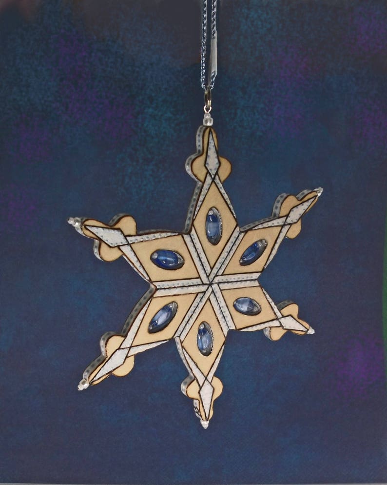 Holiday Beaded Snowflake Ornament3D Woodburned OrnamentLarge Blue /& White Xmas Tree OrnamentWinter SolisticeOne of a KindHandmade in CO