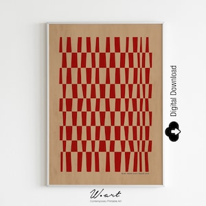 Può includere: Un download digitale di una stampa d'arte stampabile con un motivo geometrico di quadrati rossi e beige. La stampa è intitolata "What Goes Around Comes Around" ed è di W.art Contemporary Printable Art.