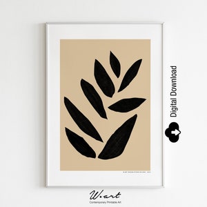 Può includere: Una stampa digitale scaricabile con un design di foglie astratte nere su sfondo beige. Il testo "Download digitale" è sul lato destro dell'immagine.