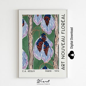Könnte beinhalten: Ein Vintage-Plakat im Art-Nouveau-Stil mit einem floralen Design in Blau-, Rot- und Grüntönen. Das Plakat zeigt den Text "Art Nouveau Floral" und "E.A. Séguy Paris - 1914".