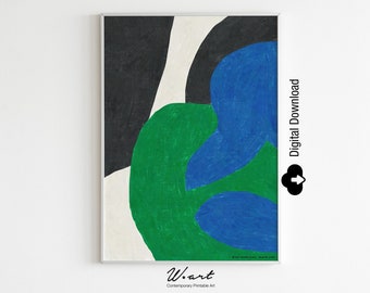 May include: Abstract art print featuring a white background with black, green, and blue shapes. The print is framed in a white frame and has the text "W.art Contemporary Printable Art" at the bottom.