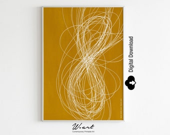 May include: Abstract digital art print featuring a white line design on a mustard yellow background. The text "Digital Download" is in the upper right corner of the image.