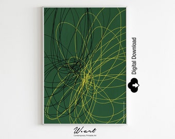 Impresión abstracta contemporánea de líneas verdes y amarillas, descarga de arte moderno, arte mural digital minimalista, decoración vibrante descargable al instante
