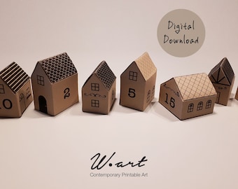 Handgemachter Adventskalender Dorf - DIY Weihnachts Countdown, Weihnachtsdeko, Papercraft Häuser, digitaler Download