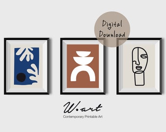 Set Of 3 Downloadable Abstract Art Prints, Mid Century Modern Abstract Print, Fine Art Print, Line Art Print, One Line Drawing, Digital Art