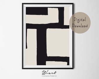 Mid Century Abstract Art Print, Geometric Beige Black (Digital Download)