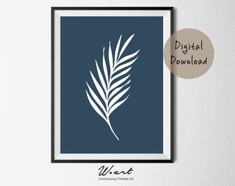 Navy Blue Botanical Leaf Print: Modern Palm Wall Art (Downloadable Print)