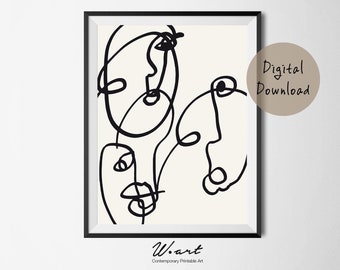 Abstract Faces Line Art Print: Continuous Line Drawing (Digital Download)