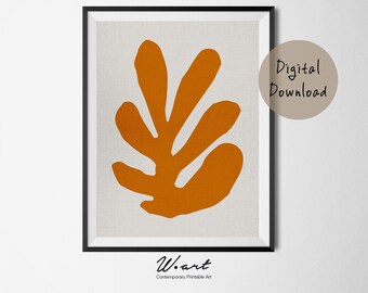 Könnte beinhalten: Gerahmter Kunstdruck mit einem abstrakten orangefarbenen Blattdesign auf neutralem Hintergrund. Das Kunstwerk ist in einem schwarzen Rahmen und enthält den Text "Digital Download" und "W.art Contemporary Printable Art".