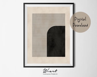 Mid Century Modern Black And White Geometric Abstract Art, Woodblock Print, Hygge, Neutral Color Print, Block Print, Mid Century Printable