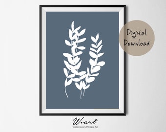 Blue Eucalyptus Print, Scandi Minimalist Wall Art (Digital Download)