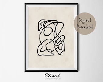 May include: A printable digital download of a minimalist abstract line art print in black and white. The artwork features a single line drawing of a series of overlapping circles and curves on a beige background.