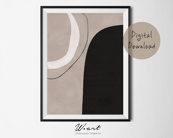 Mid Century Modern Abstract Art Print: Beige & Black (Digital Download)