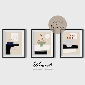Mid Century Modern Downloadable Prints, 3 Piece Abstract Wall Art, Kitchen Wall Art, Kitchen Decor Digital Download, Kitchen Art