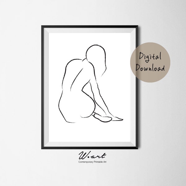Female Nude Line Art Print, Minimalist Charcoal Sketch (Digital Download)
