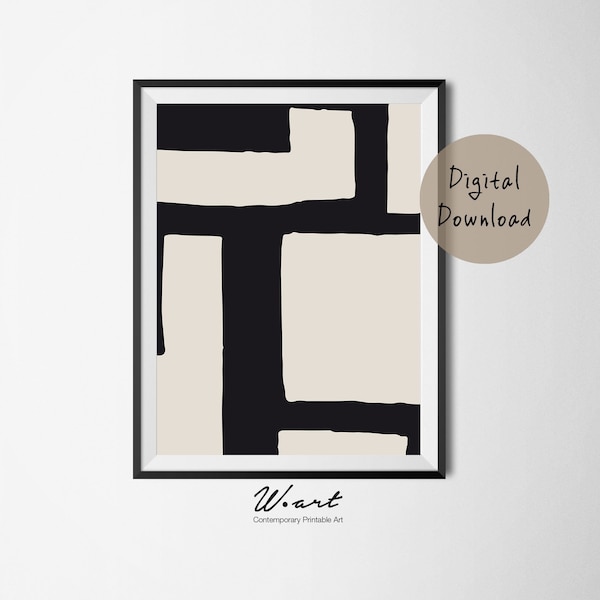 Printable Art Abstract, Mid Century Downloadable Art, Geometric Design, Beige Art Print, Scandinavian Minimal, Black And White Abstract