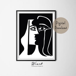 Op de afbeelding: Zwart-wit abstracte kunstprint met een gestileerd portret van een vrouw. Het kunstwerk, omlijst in zwart, toont gedurfde lijnen en vormen. De tekst "Digital Download" en "W.art Contemporary Printable Art" is inbegrepen.
