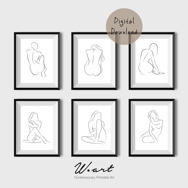 Set Of 6 Nude Pencil Sketchs, Nude Sketch Printable, Downloadable Print, One Line Charcoal Drawing, Nude Line Drawing, Charcoal Sketch Print