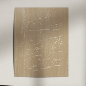 May include: Abstract art print with white lines on a beige background. The print has a textured surface and a subtle, faded look.