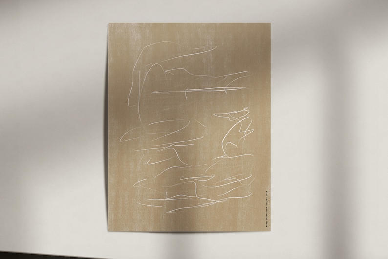 May include: Abstract art print with white lines on a beige background. The print has a textured surface and a subtle, faded look.