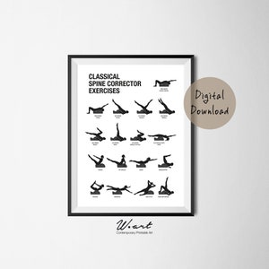 May include: A framed black and white print titled "Classical Spine Corrector Exercises." The print features illustrations of various Pilates exercises. A circular sticker on the right says "Digital Download."
