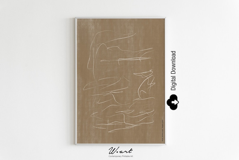 May include: A digital download of a printable art print featuring a minimalist abstract design with white lines on a brown background. The text "W.art Contemporary Printable Art" is at the bottom of the print.