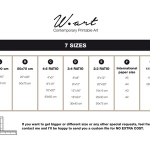 May include: A chart showing seven different sizes for printable art. The sizes are listed in inches and centimeters. The chart also includes international paper sizes.