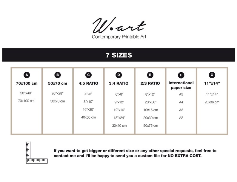 May include: A chart showing seven different sizes for printable art. The sizes are listed in inches and centimeters. The chart also includes international paper sizes.