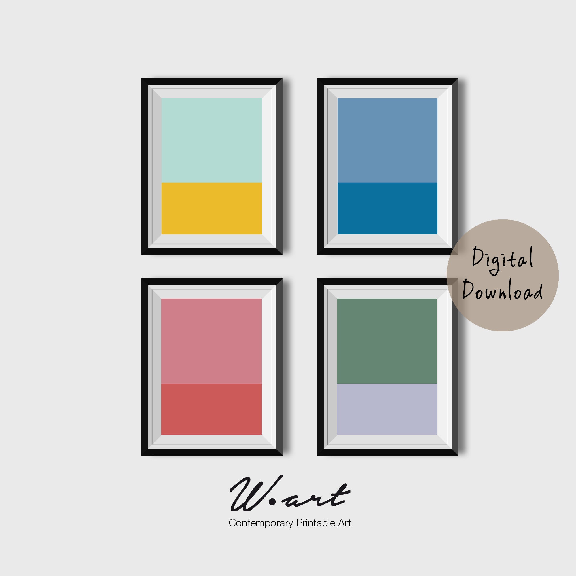 Set Of 4 Instant Download Geometric Prints, Downloadable Print, Downloadable Art, Color Block Print, Pink Print, Yellow Print, Navy Blue
