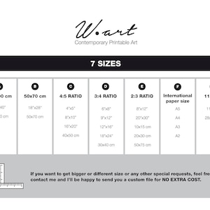 May include: A chart showing seven different sizes for printable art prints. The sizes are listed in inches and centimeters. The chart also includes international paper sizes.