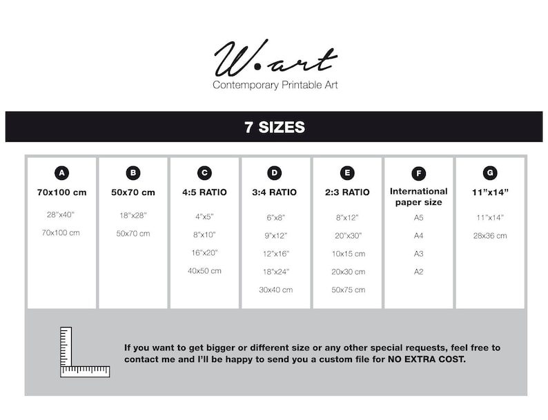 May include: A chart showing seven different sizes for printable art prints. The sizes are listed in inches and centimeters. The chart also includes international paper sizes.