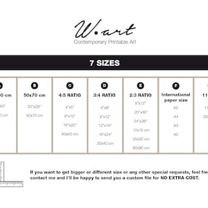 May include: A chart showing seven different sizes for printable art prints. The sizes are listed in inches and centimeters. The chart also includes international paper sizes.
