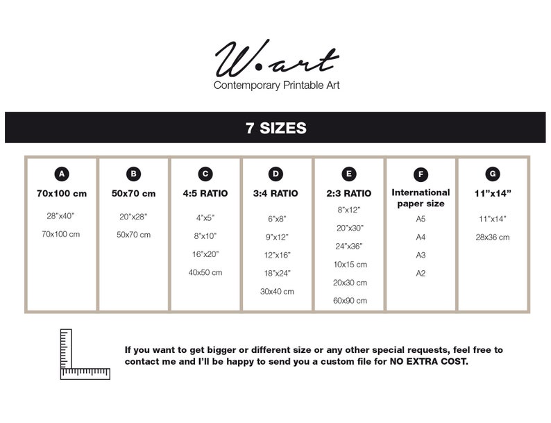 May include: A chart showing seven different sizes for printable art prints. The sizes are listed in inches and centimeters. The chart also includes international paper sizes.