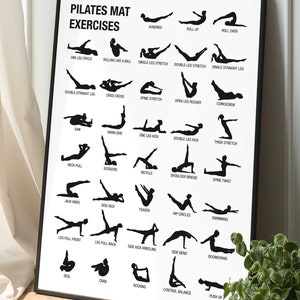 May include: A black and white printable poster with illustrations of different Pilates mat exercises. The poster includes the names of each exercise, such as "Hundred", "Roll Up", "Roll Over", "One Leg Circle", "Rolling Like a Ball", "Single-Leg Stretch", "Double-Leg Stretch", "Single Straight Leg", "Double Straight Leg", "Criss Cross", "Spine Stretch", "Open Leg Rocker", "Corkscrew", "Saw", "Swan Dive", "One Leg Kick", "Double Leg Kick", "Thigh Stretch", "Neck Pull", "Scissors", "Bicycle", "Shoulder Bridge", "Spine Twist", "Jack Knife", "Side Kick", "Teaser", "Hip Circles", "Swimming", "Leg Pull Front", "Leg Pull Back", "Side Kick Kneeling", "Side Bend", "Boomerang", "Seal", "Crab", "Rocking", "Control Balance", and "Push Up".