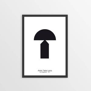 May include: A black and white minimalist illustration of the Atollo Table Lamp designed by Vico Magistretti in 1977.