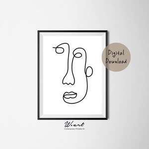 May include: A black and white line drawing of a face in a black frame. The drawing is a single continuous line. The text "W.art Contemporary Printable Art" is at the bottom of the frame.