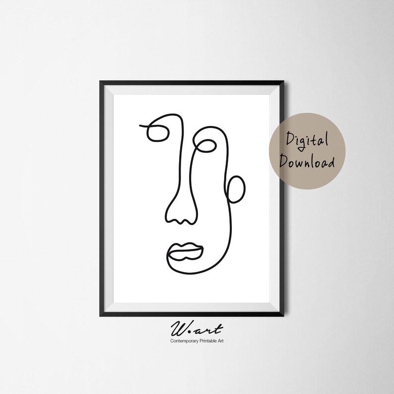 May include: A black and white line drawing of a face in a black frame. The drawing is a single continuous line. The text "W.art Contemporary Printable Art" is at the bottom of the frame.