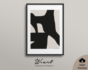 Puede incluir: Impresión artística abstracta enmarcada con un diseño en negro y beige. La obra de arte tiene un estilo minimalista con formas geométricas audaces. La impresión está en un marco negro y está etiquetada como "W. art Contemporary Printable Art".