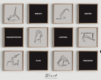 May include: Set of nine printable digital art prints featuring black and white line drawings of yoga poses with corresponding words like "Breath", "Center", "Concentration", "Control", "Flow", and "Precision".