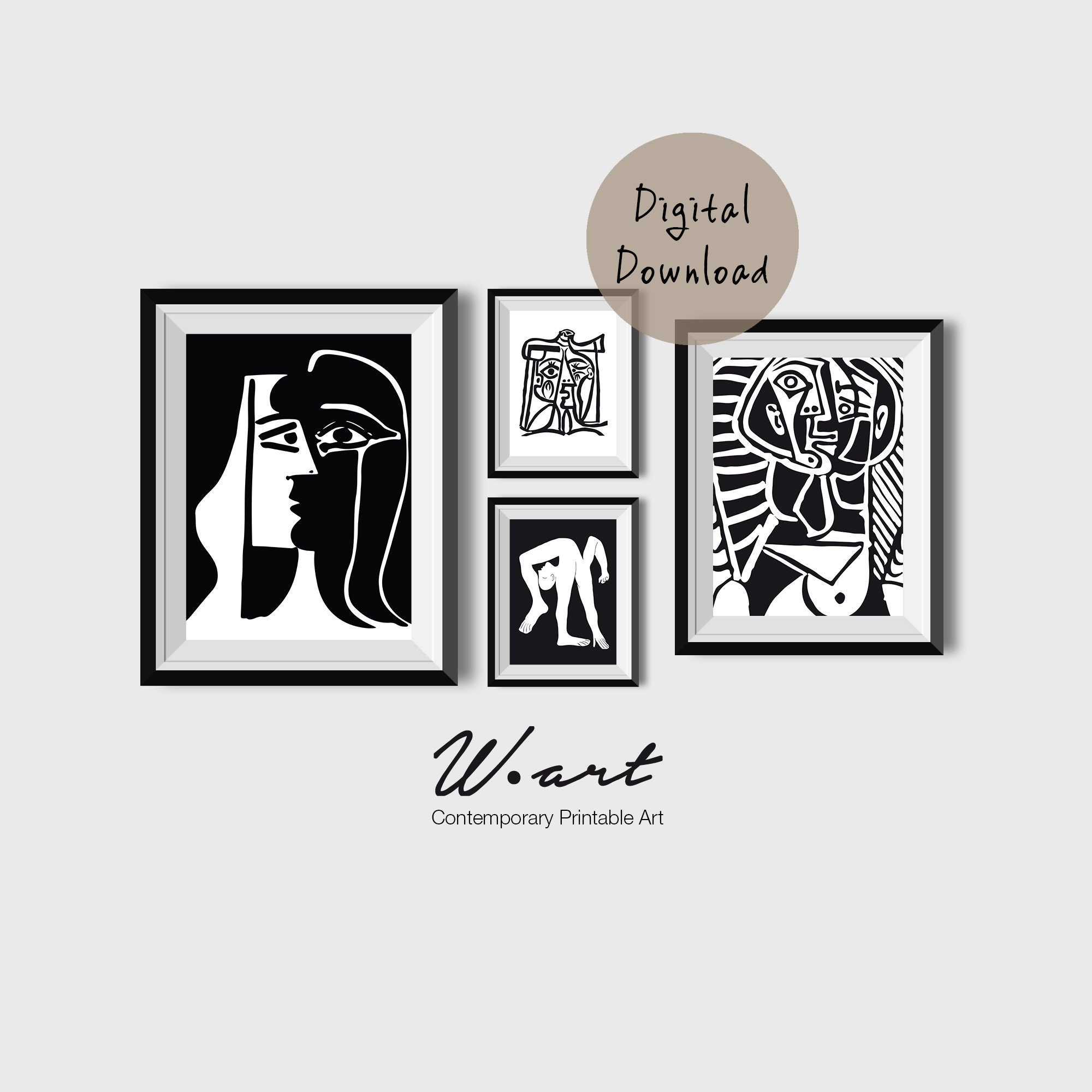 CUBISM PRINT SET, Set Of 4 Prints, Wall Art Black White, Mid Century Downloadable Art, Cubism Art, Abstract Art Print, Downloadable Print