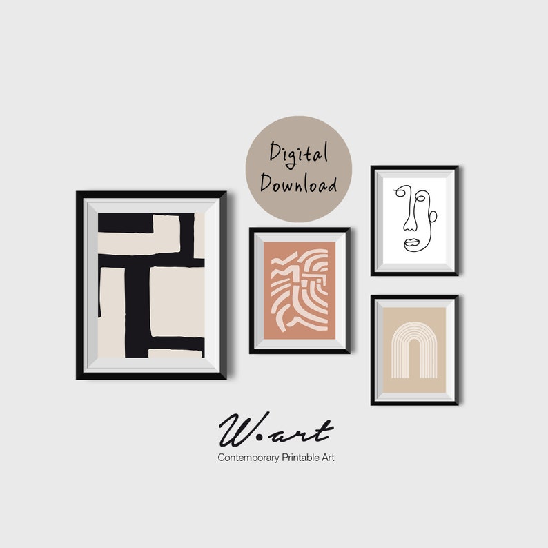 May include: Set of four printable art prints in black, white, beige, and pink featuring abstract geometric shapes and a line drawing of a face. The text "W.art Contemporary Printable Art" is at the bottom of the image. The text "Digital Download" is in a circle at the top of the image.