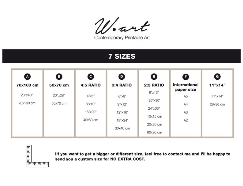 May include: A chart showing seven different sizes for printable art prints. The sizes are listed in inches and centimeters. The chart also includes international paper sizes.