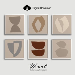Può includere: Sei stampe artistiche astratte incorniciate con forme di colori neutri in marrone, grigio e beige. Le stampe sono esposte su uno sfondo beige chiaro. La parte superiore dell'immagine ha il testo "Digital Download". La parte inferiore ha il testo "W.art Contemporary Printable Art".