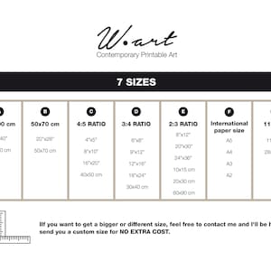 May include: A graphic showing seven sizes for contemporary printable art. The sizes are listed in both inches and centimeters, including A5, A4, A3, and A2 paper sizes. The text "W.art" is at the top.
