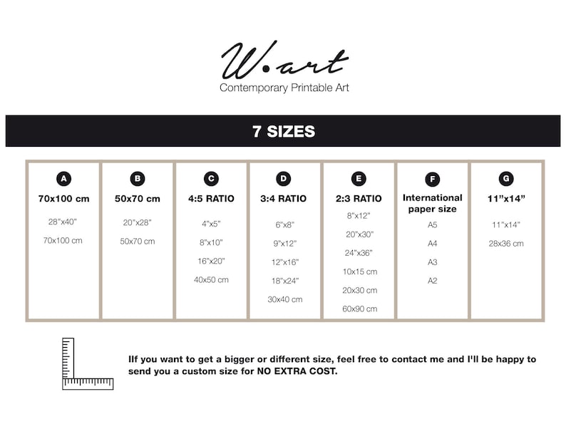 May include: A graphic showing seven sizes for contemporary printable art. The sizes are listed in both inches and centimeters, including A5, A4, A3, and A2 paper sizes. The text "W.art" is at the top.