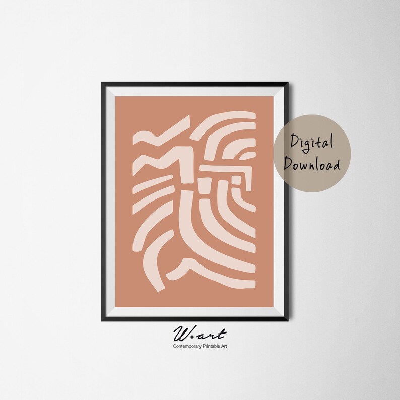 May include: A digital download of a printable art print featuring an abstract design with white lines on a peach background. The design is framed in a black frame. The text "Digital Download" is visible in the upper right corner of the image.