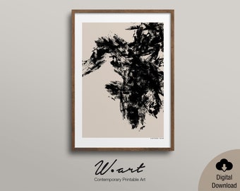 May include: Abstract art print in a wooden frame. The artwork features bold black brushstrokes against a beige background. The print is labeled "W. art Contemporary Printable Art" and includes a digital download icon.